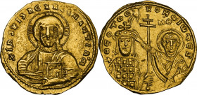 John I Tzimisces (969-976). AV Histamenon Nomisma, Constantinople mint. Obv. +IhS XIS RX RЄGNANTIhM, facing bust of Christ, with decorated nimbus, wea...