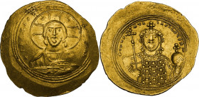 Constantine IX Monomachus (1042-1055 AD). AV Histamenon Nomisma, Constantinople mint. Obv. Facing bust of Christ Pantokrator, nimbate, raising hand in...