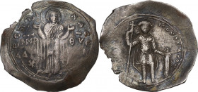Constantine IX, Monomachus (1042-1055 AD). AR Scyphate Miliaresion. Constantinople mint. Obv. +ΔECΠOI NA CωZOIC. The Virgin orans, nimbate, standing f...