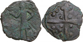 Edessa. Baldwin II, second reign (1108-1118). AE Follis, circular legend. D/ Count walking left, holding cross in right and sword in left hand. R/ Flo...
