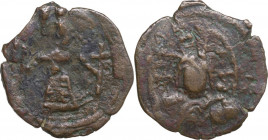Edessa. Baldwin II, second reign (1108-1118). AE Follis. D/ Count standing left, holding cross in right and sword in left hand. R/ Bust of Christ nimb...