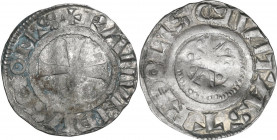 Tripoli. Raymond II (1137-1152) and Raymond III (1152-1187). BI Denier. D/ Patent cross, pellet in the third and fourth quarters. R/ Large crescent su...