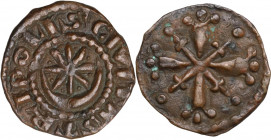 Tripoli. Raymond III (1152-1187). AE Pougeoise. D/ Shallow crescent surmounted by eight-pointed star, with dots between rays. R/ Cross with three annu...