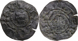 Jerusalem. Guy of Lusignan (1186-1190). AE Fractional Denier. D/ Bust facing wearing crown. R/ Church of the Holy Sepulchre with triangular dome. Mall...