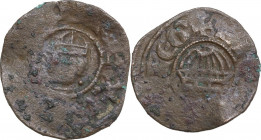 Jerusalem. Guy of Lusignan (1186-1190). AE Fractional Denier. D/ Bust facing wearing tiara. R/ Church of the Holy Sepulchre with round dome. Malloy 32...