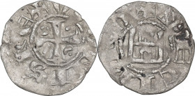 Cyprus. Hugh I of Lusignan (1205-1218). BI Denier. D/ Cross with crescent and pellets in first and fourth, pellets in second and third quarters. R/ Ga...