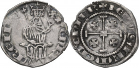 Cyprus. Henry II of Lusignan, Second Reign (1310-1324). AR Gros. D/ King seated on curule chair, with foreparts of lions at sides, his legs together, ...