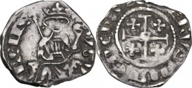 Cyprus. Hugh IV of Lusignan (1324-1359). AR Half Gros, Nicosia mint (?). D/ King seated on curule chair, with foreparts of lions at sides, his legs wi...