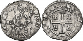 Cyprus. Hugh IV of Lusignan (1324-1359). AR Gros, Famagusta mint (?). D/ King seated on curule chair, with foreparts of lions at sides, his legs wide ...