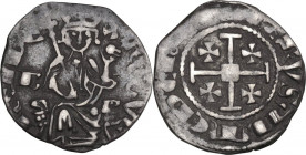 Cyprus. Hugh IV of Lusignan (1324-1359). AR Half Gros, Famagusta mint (?). D/ King seated on curule chair, with foreparts of lions at sides, his legs ...