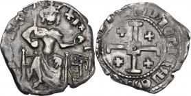 Cyprus. Peter I of Lusignan (1359-1369). AR Half Gros, standard weight coinage. D/ King seated on small throne with projections at sides; wears cloak ...