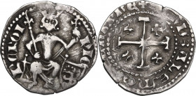 Cyprus. Peter II of Lusignan (1369-1382). AR Half Gros, Famagusta mint. D/ King seated on small, low throne, wears cloak fastened with cruciform brooc...