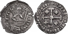 Cyprus. James I of Lusignan (1382-1398). AR Gros, rough style. D/ King, beardless seated on curule chair, with foreparts of lions at sides, wears cloa...