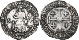 Cyprus. Catherine Cornaro, Second Sole Reign (1474-1489). AR Gros, third type. D/ Queen standing facing on small throne, holds scepter in right, cruci...