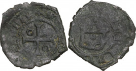 Rhodes. The Order of St. John. Anonymous issue (c. 1400s). BI Denier. D/ Cross, annulets in first and fourth angles. R/ Castle containing pellet over ...