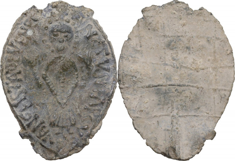 Portative almond-shaped lead Plaque, 13th-14th centuries, Venice. D/ SANCTVS MAR...