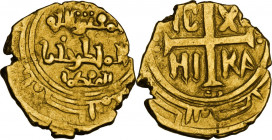 Messina o Palermo. Ruggero II (1105-1154). Tarì, 1130-1140. D/ Tre righe di legenda cufica; sopra, stella. (Esaltato da Dio / Re Ruggero / glorioso). ...