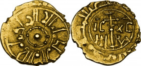 Messina o Palermo. Ruggero II (1105-1154). Tarì. D/ Globetto circondato da cerchio con sei globetti annessi; intorno la legenda cufica Il Re Ruggero e...