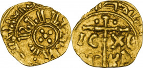 Messina. Guglielmo II (1166-1189). Tarì. D/ Cinque globetti disposti a croce; attorno, legenda cufica ( il Re Guglielmo II vittorioso per volere di Di...
