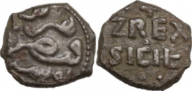 Palermo. Enrico VI di Svevia (1191-1196). Quarto di tercenario o kharruba 1194-1195. D/ Iscrizione cufica su tre righe Enrico Cesare Augusto. R/ + / Z...