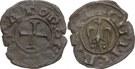 Messina. Enrico VI di Svevia (1194-1197). Denaro. D/ Croce patente. R/ Aquila di fronte con testa pennuta volta a sinistra; in basso, sotto alle ali, ...