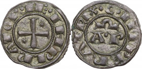 Brindisi. Enrico VI di Svevia (1191-1196) con la moglie Costanza d'Altavilla. Denaro. D/ Croce patente con stelle nel secondo e terzo quadrante. R/ Le...