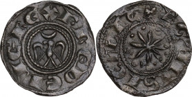 Messina o Palermo. Federico II di Svevia (1197-1250). Denaro 1198-1208. D/ Piccola aquila ad ali spiegate volta a sinistra; sopra, crescente. R/ Stell...