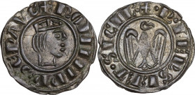 Messina o Brindisi. Federico II di Svevia (1197-1250). Denaro c. 1243. D/ Testa coronata di Federico (?) a destra. R/ Aquila ad ali spiegate volta a d...