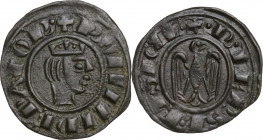 Brindisi o Messina. Federico II di Svevia (1197-1250). Mezzo denaro c. 1243. D/ Testa coronata di Federico (?) volta a destra. R/ Aquila ad ali spiega...