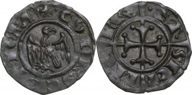 Messina. Corrado II ( Corradino) (1254-1258). Denaro. D/ Aquila ad ali spiegate volta a destra. R/ Croce ornata di globetti sovrapposta a croce inters...