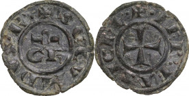 Messina. Corrado II ( Corradino) (1254-1258). Mezzo denaro. D/ Le lettere C R (Conradus Rex) in monogramma. R/ Croce patente. Sp. -; Travaini 1993 61a...