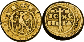Manfredonia. Manfredi di Svevia (1258-1266). Multiplo di tarì. D/ Aquila con ali spiegate volta a destra; dietro il collo, crocetta. R/ Croce latina a...