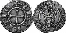 Arezzo. Guglielmo degli Ubertini (1267-1289). Grosso agontano da 2 soldi. D/ Croce patente. R/ San Donato mitrato e barbuto, in piedi di fronte, bened...