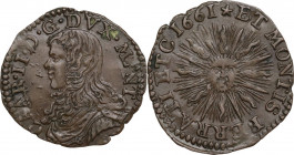Casale. Carlo II Gonzaga Nevers (1647-1665). Soldo 1661. D/ Busto a sinistra con lunga capigliatura. R/ Sole raggiante. CNI 11; MIR (Piem. Sard. Lig. ...