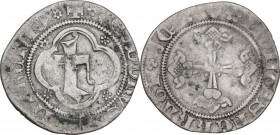 Chivasso. Teodoro II Paleologo (1381-1418). Mezzo grosso. D/ Grande T in gotico minuscolo in cornice doppia quadrilobata con rosette agli angoli. R/ C...