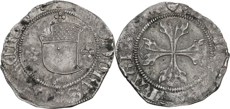 Chivasso. Teodoro II Paleologo (1381-1418). Quarto di grosso. D/ Scudo Aleramico...