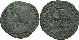 Fossombrone. Guidobaldo I da Montefeltro (1482-1508). Quattrino. D/ Busto a sinistra con testa piccola e lunga capigliatura. R/ Scudo nonagono sormont...
