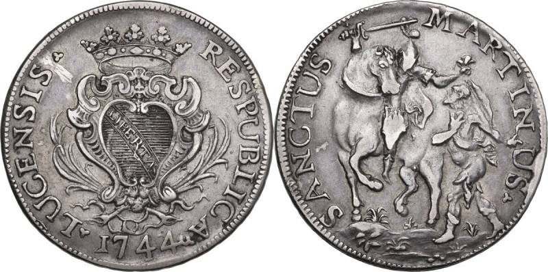 Lucca. Repubblica (1369-1799). Scudo 1744. D/ Scudo a cuore con LIBERTAS e gigli...