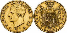 Milano. Napoleone Bonaparte (1805-1814). 40 lire 1814. D/ Testa nuda a sinistra. R/ Aquila imperiale caricata dello stemma del regno; dietro, manto co...