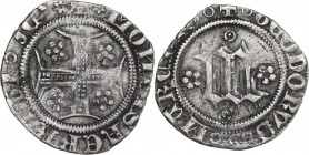 Moncalvo. Teodoro II Paleologo (1381-1418). Forte bianco. D/ Grande M gotica tra due rosette due cerchietti puntati. R/ Croce patente decorata accanto...