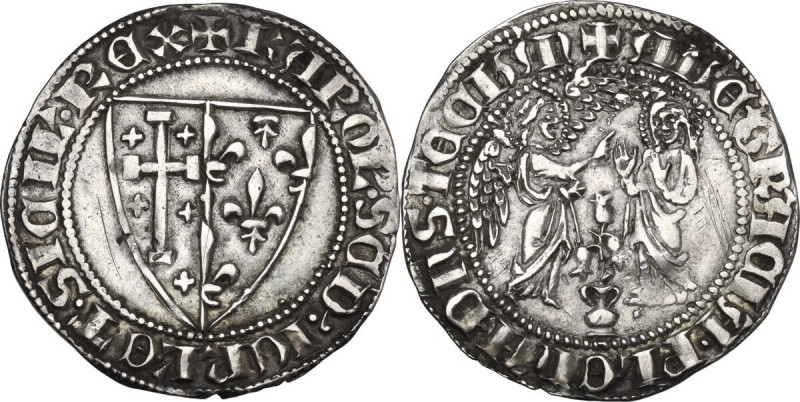 Napoli. Carlo II d'Angiò (1285-1289). Saluto. D/ Stemma a forma di cuore biparti...