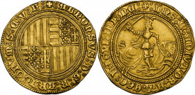 Napoli. Alfonso I d'Aragona (1442-1458). Ducato e mezzo o sesquiducato. D/ Stemma inquartato a tutto campo dalle armi di Ungheria, Gerusalemme, Aragon...