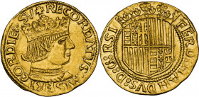 Napoli. Ferdinando I d'Aragona (1458-1494). Ducato. D/ Stemma di Napoli ed Aragona coronato e inquartato. R/ Busto giovanile coronato e corazzato volt...