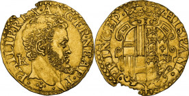 Napoli. Filippo II Principe di Spagna (1554-1556), primo periodo. Scudo. D/ Testa nuda del re a destra; dietro, sigle IBR (Giovan Battista Ravaschieri...