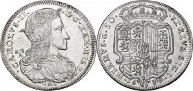 Napoli. Carlo II di Spagna (1674-1700). Mezzo ducato 1689. D/ Busto coronato, corazzato e drappeggiato volto a destra con il Collare del Toson d’oro; ...