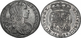 Napoli. Carlo II di Spagna (1674-1700). Carlino 1689. D/ Busto corazzato a testa nuda a destra; dietro, sigle AG/A (Andrea Giovane maestro di zecca; M...