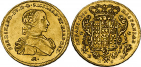 Napoli. Ferdinando IV di Borbone (1759-1799). 6 ducati 1763. D/ Busto a capo nudo drappeggiato volto a destra; sotto, sigla IA (Ignazio Aveta maestro ...