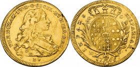 Napoli. Ferdinando IV di Borbone (1759-1799). 6 ducati 1768. D/ Bustoa capo nudo e con mantella volto a destra; sotto, B P (Bernardo Perger maestro di...