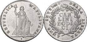 Napoli. Repubblica Partenopea (23 gennaio-19 giugno 1799). 12 carlini A. VII. D/ La Libertà in piedi drappeggiata volta a destra tiene con la destra l...