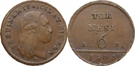 Napoli. Ferdinando IV di Borbone (1799-1805). 6 tornesi 1801. D/ Testa del Re volta a destra, sotto, P (Domenico Perger maestro d'incisione). R/ TOR /...